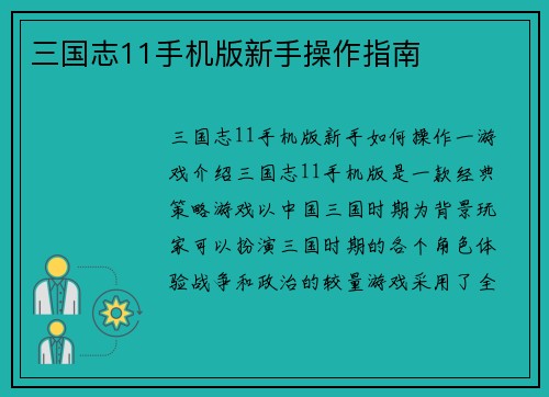 三国志11手机版新手操作指南