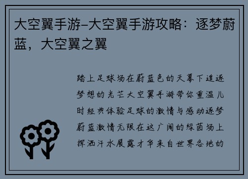 大空翼手游-大空翼手游攻略：逐梦蔚蓝，大空翼之翼